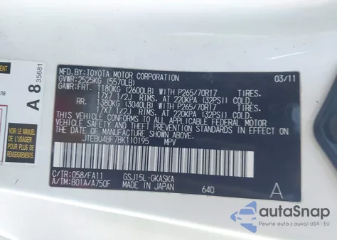 2011 Toyota Fj Cruiser z USA, uszkodzony, nr VIN JTEBU4BF7BK110195